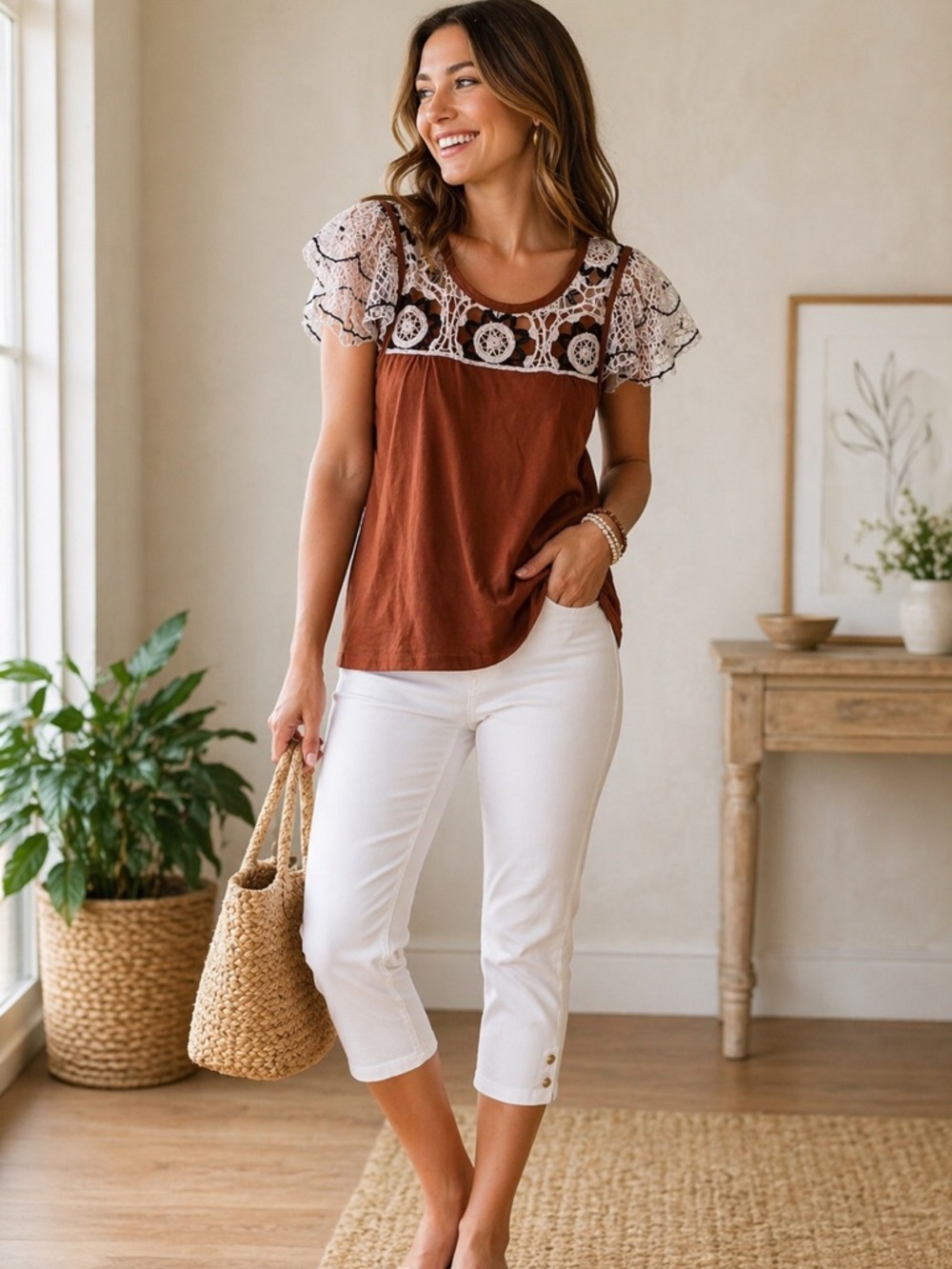 Anthropologie Cedar Brown Crotchet Flutter Sleeve Top Women’s Size Small New